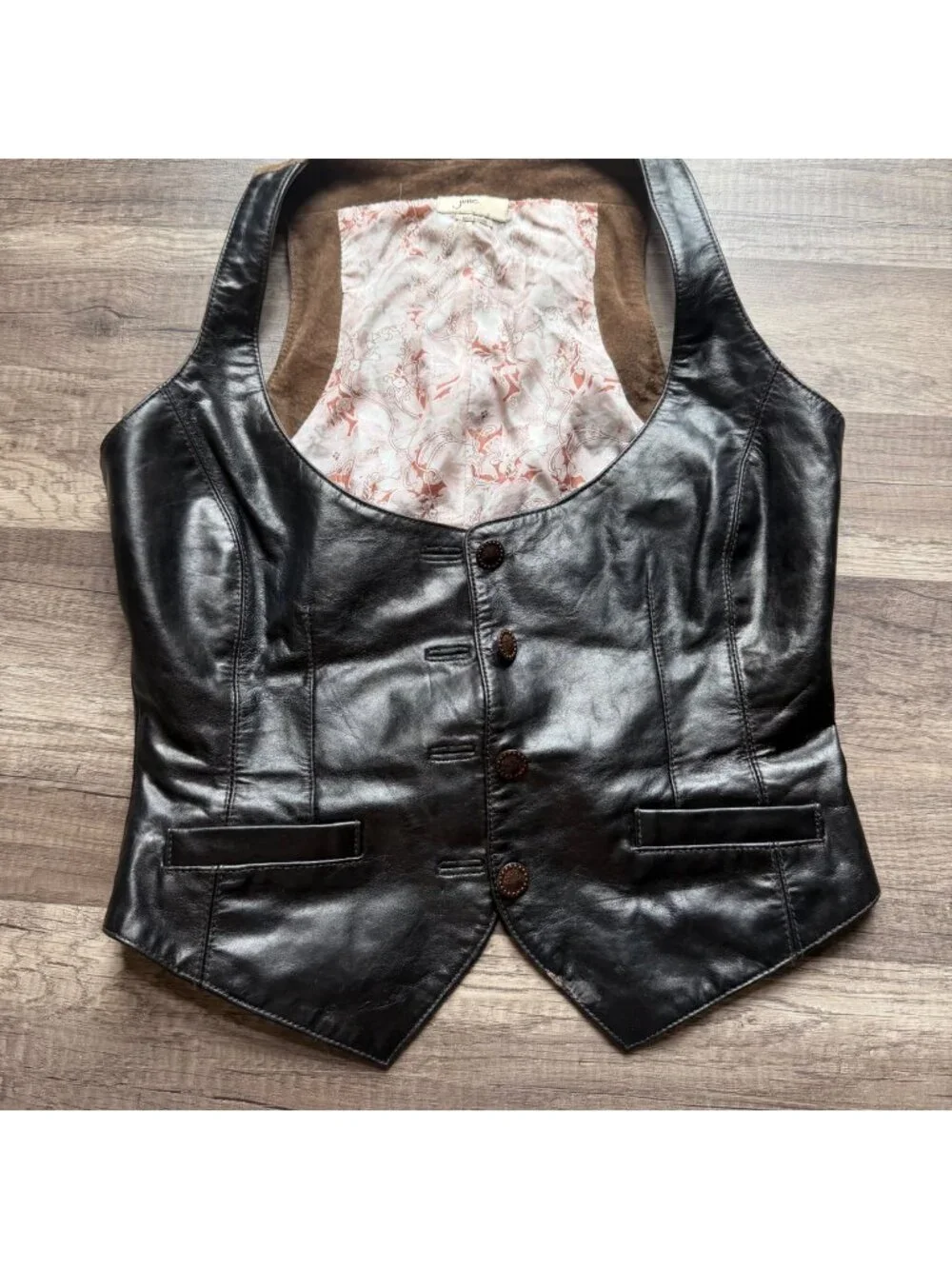 Black Leather & Brown Suede Buttoned Womens Vest With Floral Silk Lining Size S